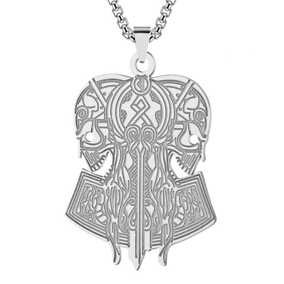 “Opposing Tribal Skulls” Native American Aztec Celtic Nordic Conjoined Necklace - Picture 3 of 13